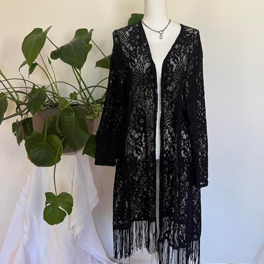 Y2K Whimsigoth Black Lace Long Sleeve Cardigan with Fringe Hem 3X Plus Size